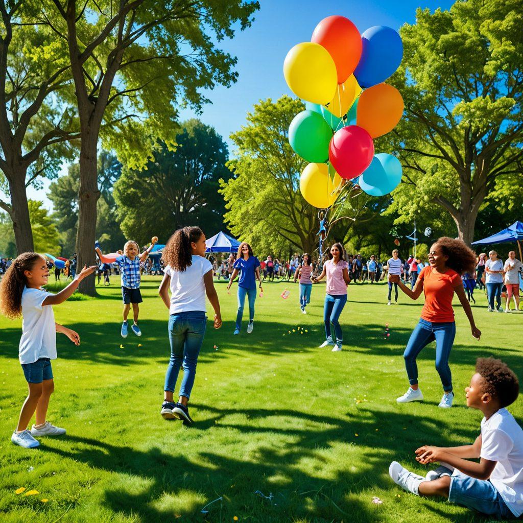 A lively scene depicting a diverse group of people engaging in playful activities like kite flying, hopscotch, and dancing in a sunlit park, surrounded by blooming flowers and colorful balloons. The atmosphere is filled with laughter and joy, conveying a sense of community and happiness. Bright colors and dynamic movements should emphasize the fun and playfulness of the moment. super-realistic. vibrant colors. cheerful atmosphere.