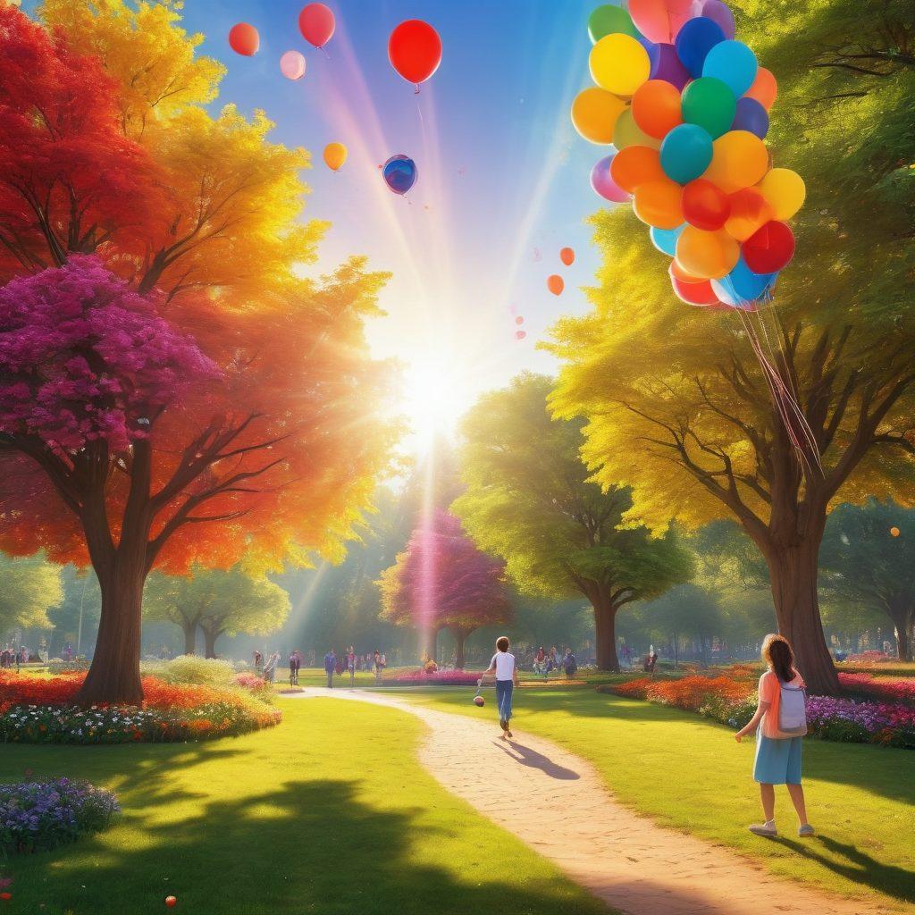A whimsical scene featuring a sun smiling down on a lively park filled with diverse people laughing, sharing jokes, and enjoying various amusing activities like juggling, puppetry, and playing games. A rainbow and colorful balloons add to the cheerful atmosphere, with a backdrop of blooming flowers and vibrant trees. Capture the essence of joy and amusement in vivid detail. vibrant colors. cartoon style.